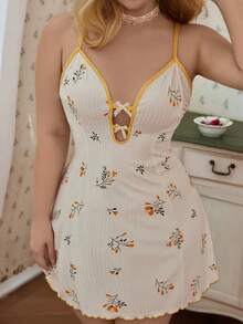 CottageSlumber Gaun Tidur Wanita Ukuran Besar Bergaris Motif Pita Seksi dengan Tali Bahu Tipis dan Dekorasi Pita - Krem - View 5