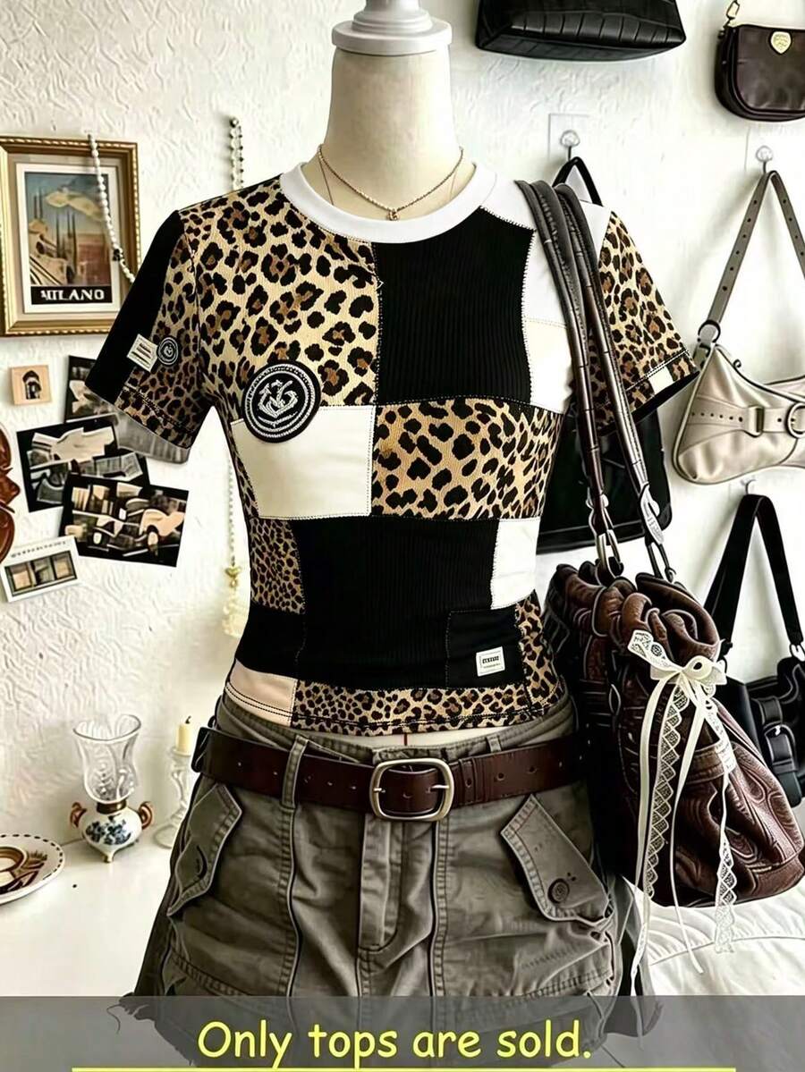 Collagica Collagica Leopard Print T-Shirt, Slim Fit, Women's Casual 2000s Y2k Streetwear, Summer Top, Night Out Going Out Nightout Black And White Leopard Print - Multicolor - View 1