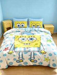 SpongeBob SquarePants | SHEIN 三件套動物卡通印花被套，拋光材質，柔軟保暖，藍色被套，雙面圖案，多種尺寸可選，適用於單人床/雙人床/加大床，絕佳禮物 - 淺藍色 - 查看 4