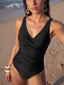 Swim Chiccia Traje de baño de una pieza de estilo simple de unicolor para mujer de playa de verano para vacaciones - Negro - Ver 6