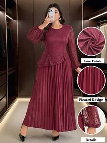 Modelyn Elegant Solid Color Lace Patchwork Round Neck Long Sleeve Cinched Waist Pleated Hem Regular Fit Plus Size Dress For Spring And Autumn - Burgundy - View 3