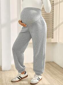 SHEIN Maternity Solid Color Adjustable Waist Casual Versatile Daily Wear Sweatpants - Light Grey - View 4