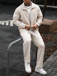 Manfinity CasualCool 男士純色拉鍊長袖夾克與長褲休閒日常套裝 - 杏色 - 查看 4