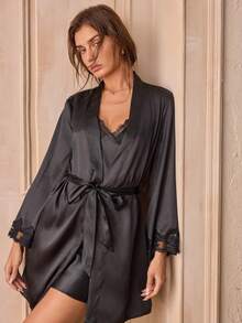 Charlaine Conjunto de pijama de unicolor para mujer con parches de encaje, ropa de otoño e invierno - Negro - Ver 7
