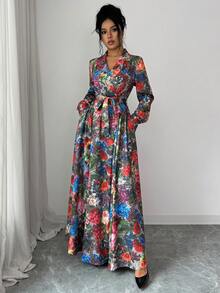Elenzga Lapel Collar Waist Bow Tie Print Floral Long Sleeve Dress - Multicolor - View 7