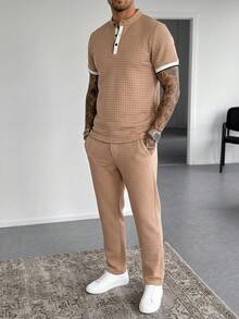 Manfinity Homme Summer New Men's Casual 2 Pieces Set Short Sleeve Long Pants Outfit Collared Solid Color Business - Apricot - View 1