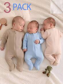 3pcs Newborn Textured Fabric Footed Rompers, Solid Color Zipper Long Sleeve Bodysuits, Minimalist Solid Color Baby Crawl Suits, Round Neck Long Sleeve, Suitable For Home And Outings - Multicolor - View 8