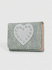ROMWE Una bolsa de cambio con remaches de amor azul claro, una billetera pequeña de estilo punk de moda con dos pliegues, una bolsa de tarjetas conveniente para llevar contigo y un regalo de vuelta a la escuela - Azul claro - Ver 3