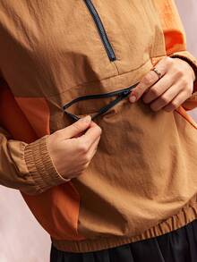 Willow Rêve Jaket Windbreaker Longgar Wanita Motif Garis-Garis Cokelat Oranye, Kerah Tegak Setengah Resleting, Saku Resleting, Manset Elastis, Gaya Kasual Musim Gugur, Jaket Elegan Wanita - Khaki - View 7