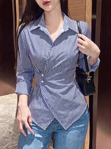 SHEIN 女款素色長袖裹身式襯衫，春秋女式上衣 - 藏蓝色 - 查看 1