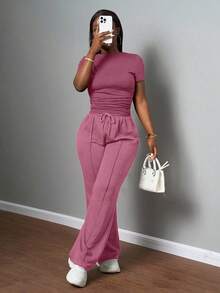 Slaydiva 2025 Women's Casual Dusty Rose Summer Lounge Set,Solid Round Neck Slim Short Sleeve T-Shirt & Drawstring Waist Straight Pants Two Pieces Set,Party - Dusty Pink - View 1