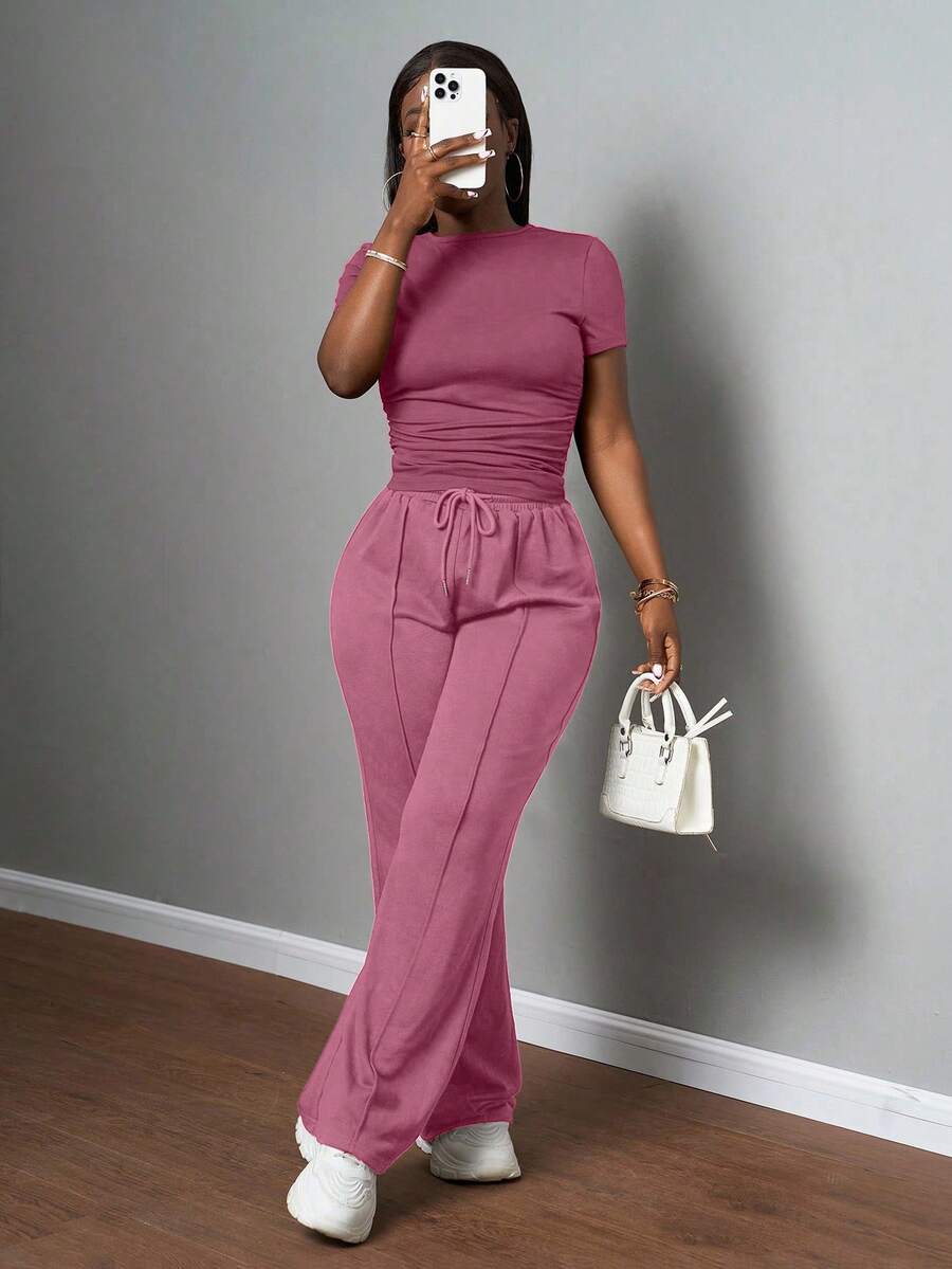 Slaydiva 2025 Women's Casual Dusty Rose Summer Lounge Set,Solid Round Neck Slim Short Sleeve T-Shirt & Drawstring Waist Straight Pants Two Pieces Set,Party - Dusty Pink - View 1