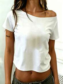 Rovax White Asymmetrical Shoulder Short Sleeve T-Shirt, Plus Size Loose Fit Slimming Square Neck Collarbone Exposed Cropped Basic Innerwear Top For Women - White - View 3