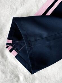SHEIN 兒童青少年女孩休閒新款秋冬時尚海軍藍與白色條紋拼接長袖拉鍊外套與長褲2件套返校季秋冬服飾開襟外套套裝 - 藍色 - 查看 3