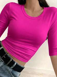 DAZY 女款休閒百搭純色修身 T-shirt - 粉色 - 查看 4