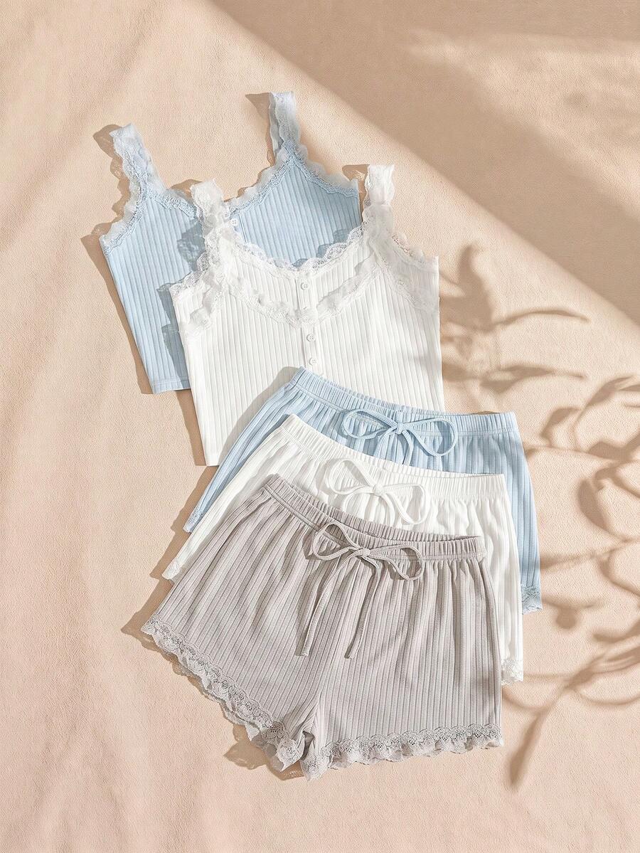 Lullawish 3 件套女士甜美纯色蕾丝蝴蝶结睡衣套装休闲套装 - 彩色 - 查看 1