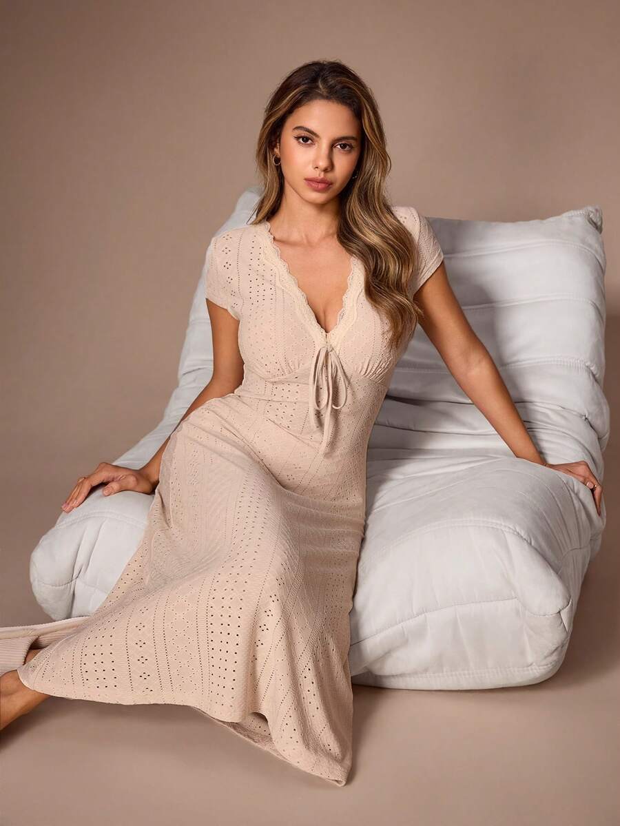 Lazeform Women's Lace Patchwork V-Neck Tie Front Fitted Knit Jacquard Texture Nightgown - Apricot - View 1