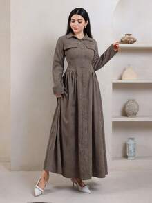 Veilorie Women's Autumn/Winter Casual Front Button Cinched Waist Long Dress - Brown - View 5