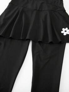 SHEIN 少女緊身褲，休閒優雅 2 合 1 蝴蝶結圖案裙褲，適合春、秋、夏季穿著，完美適合作為外出穿搭 - 黑色 - 查看 6