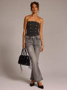 SHEIN BAE Sexy Fashion Black Washed Napoleon Tube Top Denim Blouse - Black - View 3