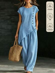 Trelyra Women's Light Blue Summer Casual Two-Piece Set Asymmetrical Hem Button-Embellished Flared-Hem Top Suit,Country-Style Vacation Wear Occasion Outfits - Blue - View 2