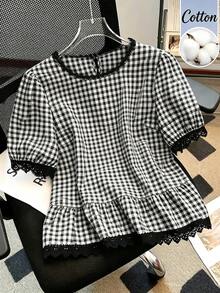 SHEIN Franclia 2026新款女士法式蕾丝边格纹短袖衬衫，优雅别致青春上衣 - 黑色 - 查看 1