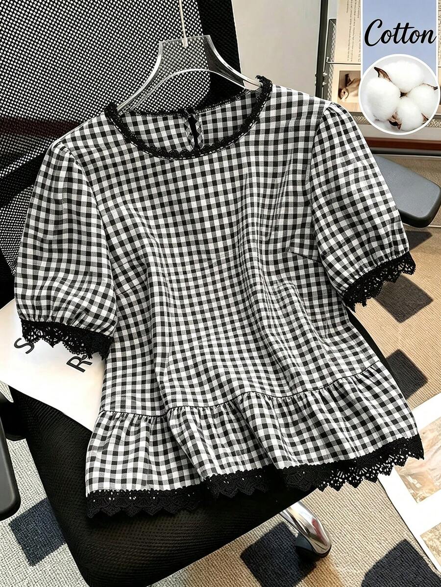 SHEIN Franclia 2026新款女士法式蕾丝边格纹短袖衬衫,优雅别致青春上衣 - 黑色 - 查看 1
