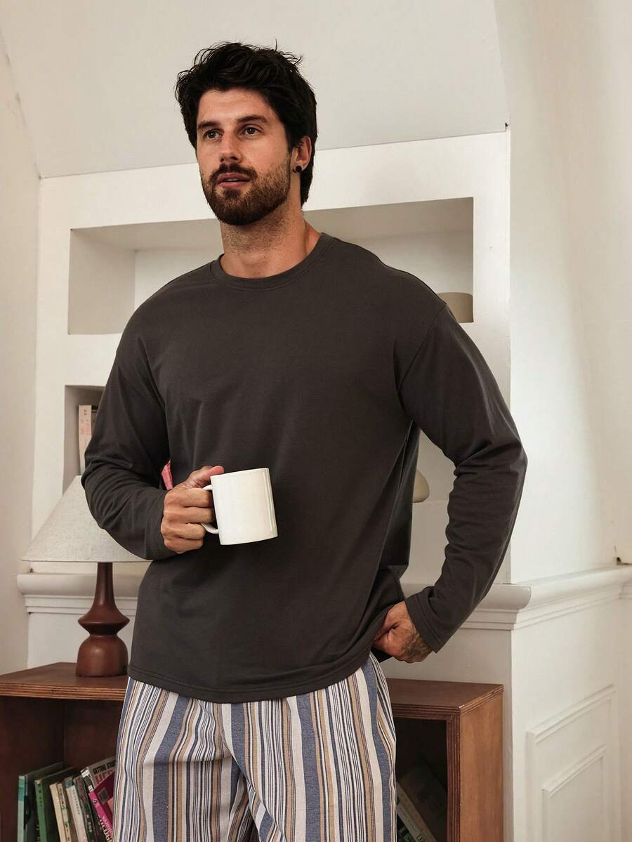 DAZY Spring/Autumn Solid Color Long Sleeve T-Shirt With Elastic Waist Long Plaid Pants Men's Loungewear Set - Multicolor - View 1