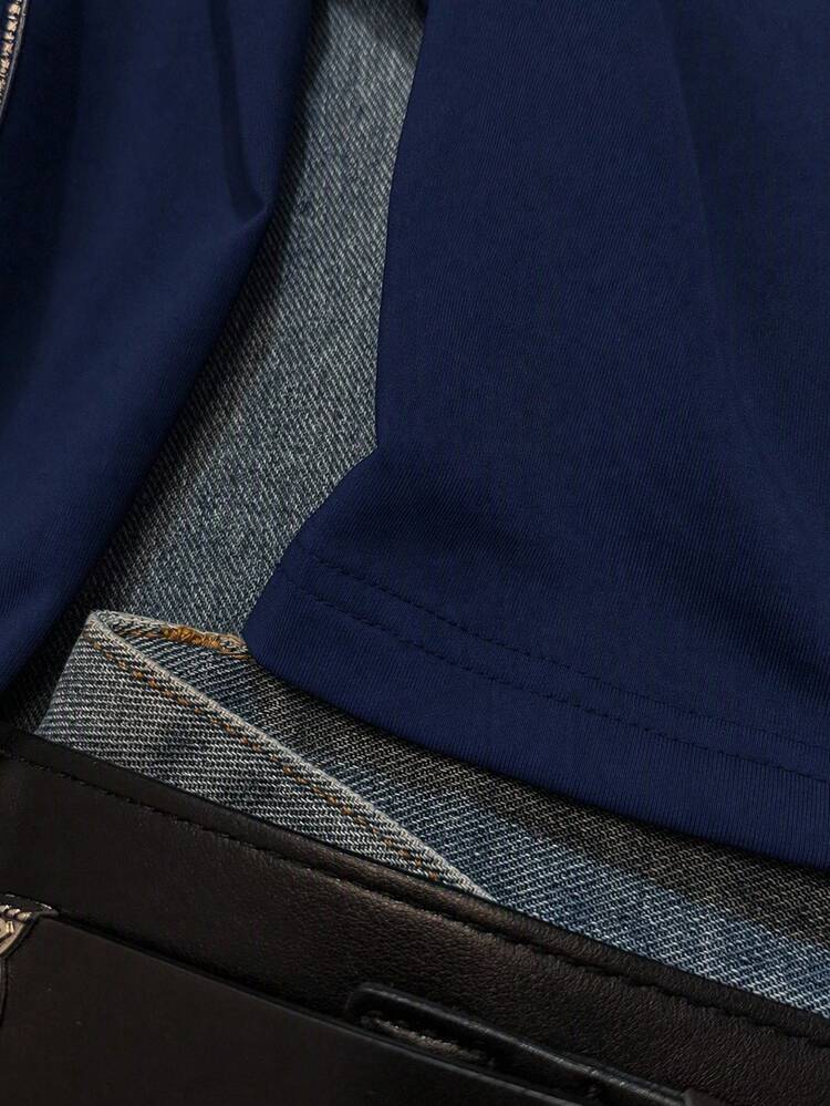 SHEIN EZwear 女款休閒極簡風天使水鑽標語印花海軍藍修身連帽T恤，秋季款 - 藏蓝色 - 查看 5