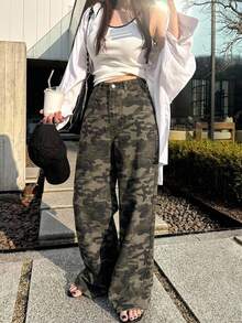 DAZY 女款寬鬆高腰修身直筒牛仔長褲，極簡百搭舒適拖地長褲 - 軍綠色 - 查看 5