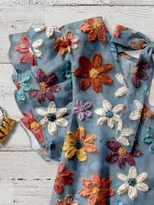 EMERY ROSE Plus Size Women's Blue Boho Summer Vacation Holiday Elegant Loose Blouse,Hand-Painted Crayon Floral Double-Layer Flutter Sleeve Bowknot Back Design - Multicolor - View 7