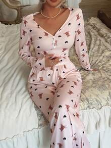 CottageSlumber Women's Cute Bear & Heart Print V-Neck Slim Fit Long Sleeve & Long Pants Pajama Set - Baby Pink - View 5