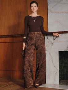Anewsta Women's Elegant Pleated All-Over Print Wide Leg Pants With Pockets - Coffee Brown - View 6