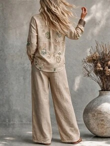 Ceyna Plus Size Women French Casual Soft Form Elegant Long Sleeve Shirt And Pants 2 Pieces Set Autumn Formal Vacation Beige - Apricot - View 3