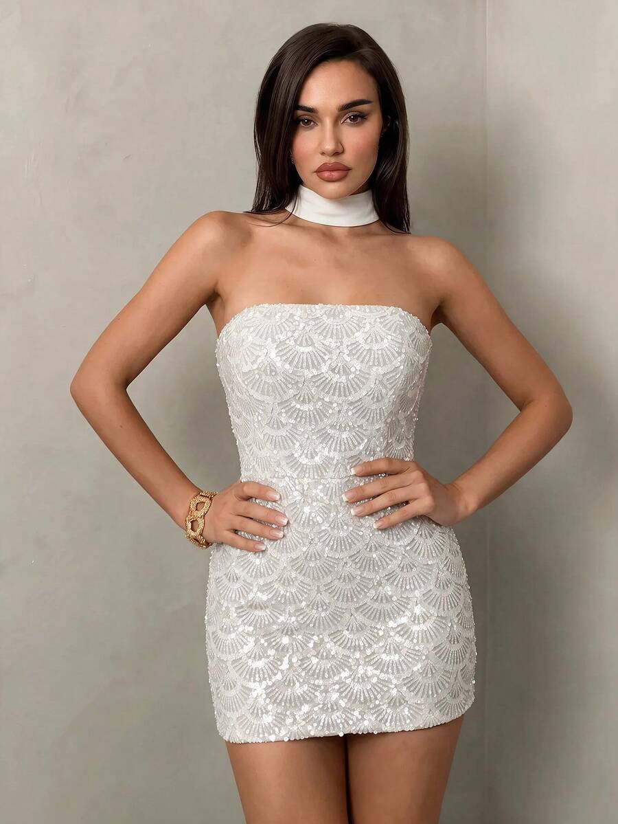 SHEIN Glamour 女款時尚派對生日亮片抹胸迷你洋裝,白色夏季性感優雅婚禮禮服 - 白色 - 查看 1