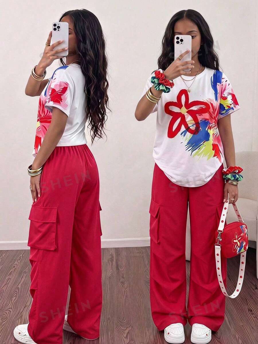 Sparklyn 少女花卉印花T恤與工裝褲套裝 - 紅色 - 查看 1