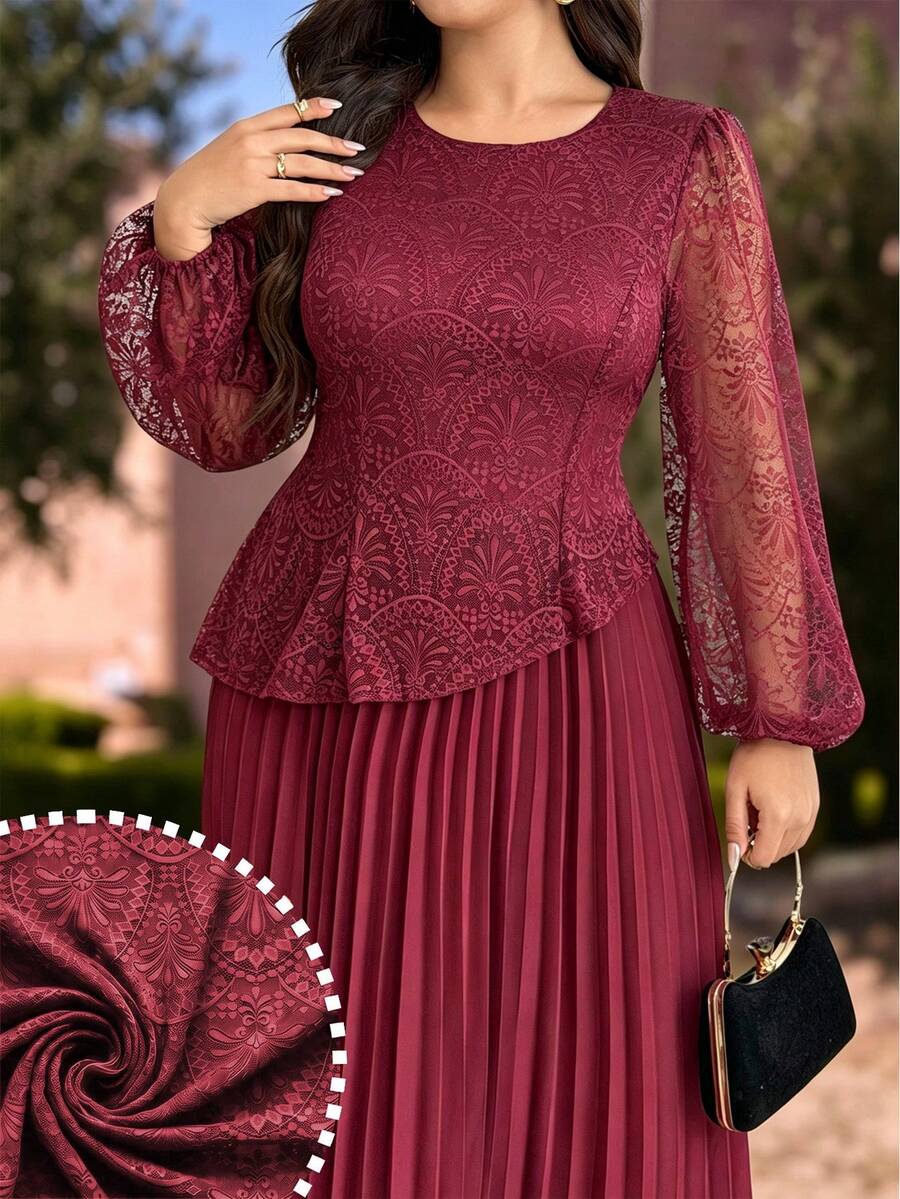 Modelyn Elegant Solid Color Lace Patchwork Round Neck Long Sleeve Cinched Waist Pleated Hem Regular Fit Plus Size Dress For Spring And Autumn - Burgundy - View 1