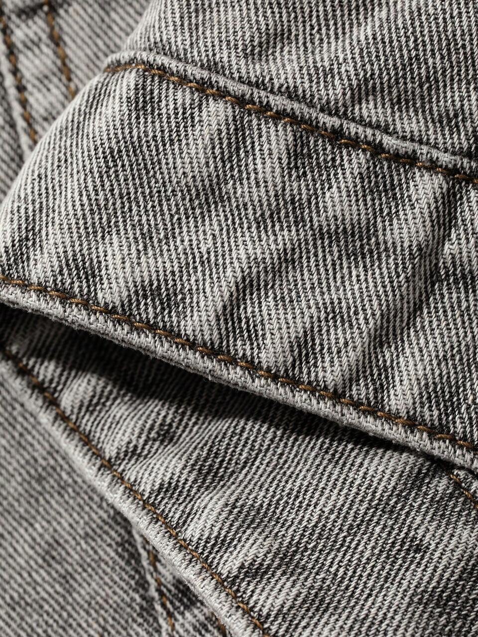 Women's Grey Washed Denim Jacket With Lapel Collar, Long Sleeves, Metal Buttons, Cropped Slim Fit Casual Denim Coat Fall