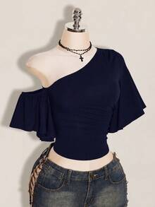 SHEIN ICON 女款素色不對稱領休閒百搭日常上衣 - 藏蓝色 - 查看 5
