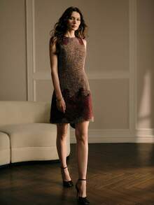 MOTF PREMIUM WOMEN'S TWEED SHORT DRESS WITH CONTRAST LACE - Burgundy - View 6
