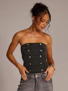 SHEIN BAE Sexy Fashion Black Washed Napoleon Tube Top Denim Blouse - Black - View 5