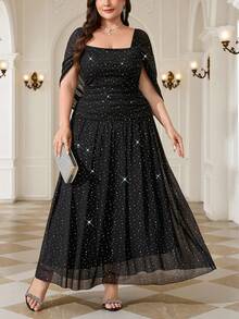 Reflora Plus Size French Style Sequin Elegant Mesh Patchwork Square Neck Dress - Black - View 11