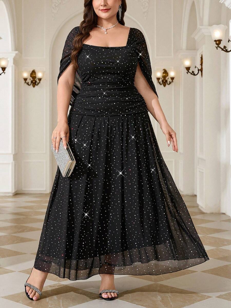 Reflora Plus Size French Style Sequin Elegant Formal Elegant Sexy Mesh Patchwork Square Neck Dress Evening Cocktail Formal Black Summer