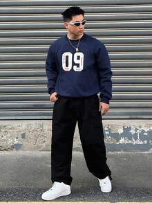 DAZY Autumn/Winter Thermal Lined Navy Blue Sweatshirt Fabric With White Digital Applique Embroidery Heavy Work Men's Pullover Sweatshirt - Navy Blue - View 6