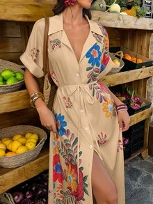 Isle Nomé Women's Casual Breezy Boho Vacation Placement Print Batwing Sleeve Long Dress Beach Beige Summer - Multicolor - View 8