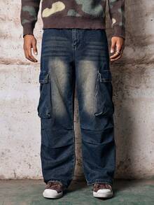 Skyrend 1pc Vintage Patchwork Multi-Pocket Distressed Loose Fit Wide Leg Jeans For Men, Fashion Versatile (Belt And Accessories Not Included) Fall/Autumn/Winter Grunge - Blue - View 7