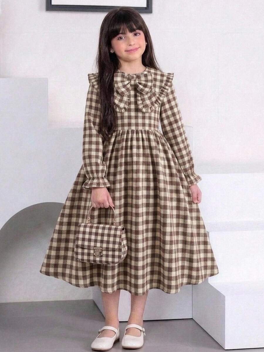 SHEIN Tween女孩長袖格紋收腰蝴蝶結誇張領長洋裝 秋冬款 - 杏色 - 查看 1