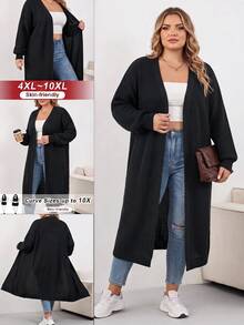 SHEIN CURVE+ Plus Size Dropped Shoulder Ribbed Knit Long Cardigan, Long Sleeve Top, Women's Plus Size Long Cardigan, Slim Fit, Autumn/Winter Essential - Black - View 1