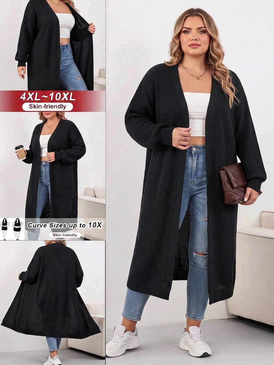SHEIN CURVE+ Plus Size Dropped Shoulder Ribbed Knit Long Cardigan, Long Sleeve Top, Women's Plus Size Long Cardigan, Slim Fit, Autumn/Winter Essential - Black - View 1