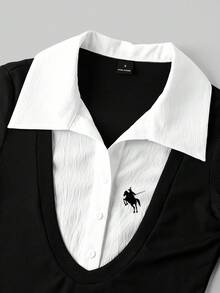 SHEIN EZwear 女款休閒極簡馬標誌印花 2合1襯衫領連身衣，圖案款，適合返校、日常、畢業，黑白配色，秋季 - 彩色 - 查看 4